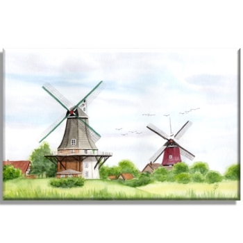 Leinwand 40 x 30 cm Keilrahmen Canvas-Leinen Aquarell Maritim Kunst Druck Kunstdruck Nordsee Ostfriesland Greetsiel Mühle Mühlen Windmühle Windmühlen